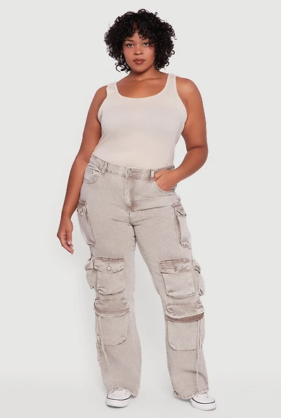 Womens Plus Size VIP Mineral Wash Straight Leg Utility Jeans, Brown, Size 19-20