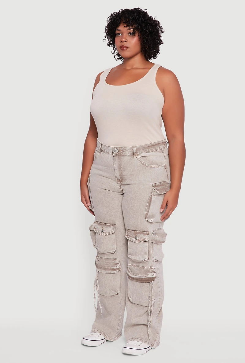 Womens Plus Size VIP Mineral Wash Straight Leg Utility Jeans, Brown, Size 19-20