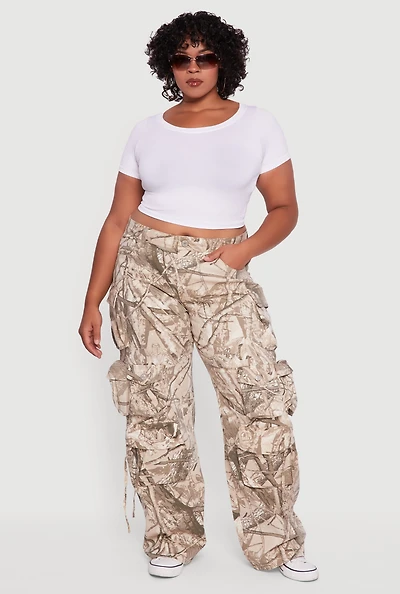 Womens Plus VIP Camo Wide Leg Cargo Pants, Brown,