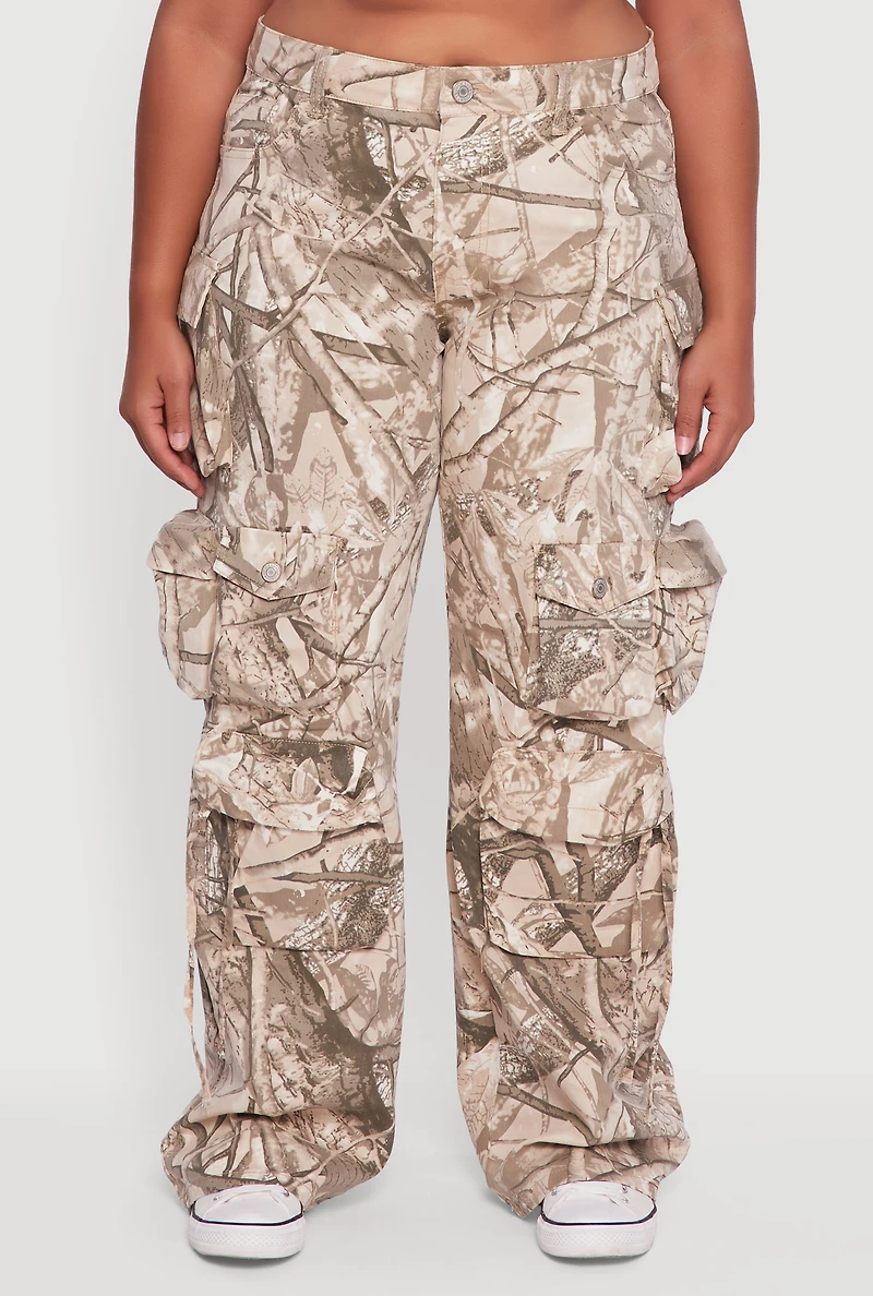 Womens Plus Size VIP Camo Wide Leg Cargo Pants, Brown, Size 15-16