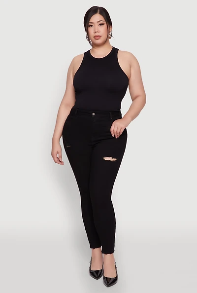 Womens Plus Size WAX Distressed High Rise Skinny Jeans, Black, Size 3X