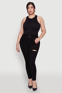 Womens Plus Size WAX Distressed High Rise Skinny Jeans, Black, Size 3X
