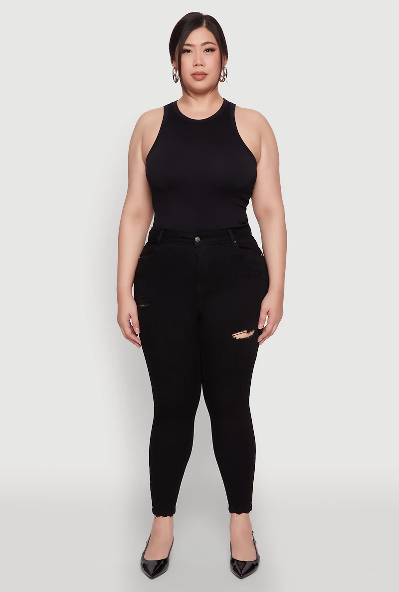 Womens Plus Size WAX Distressed High Rise Skinny Jeans, Black, Size 3X