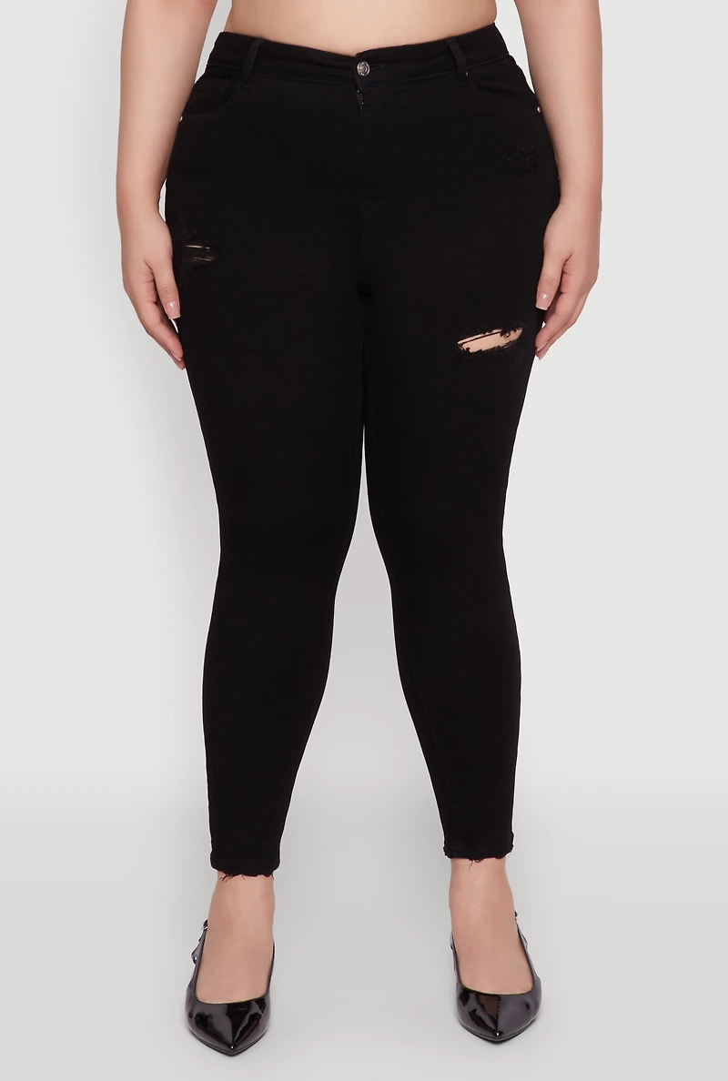 Womens Plus Size WAX Distressed High Rise Skinny Jeans, Black, Size 3X