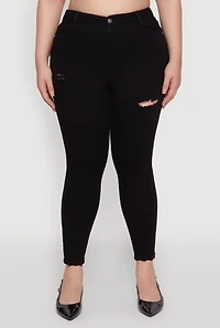Womens Plus Size WAX Distressed High Rise Skinny Jeans, Black, Size 3X