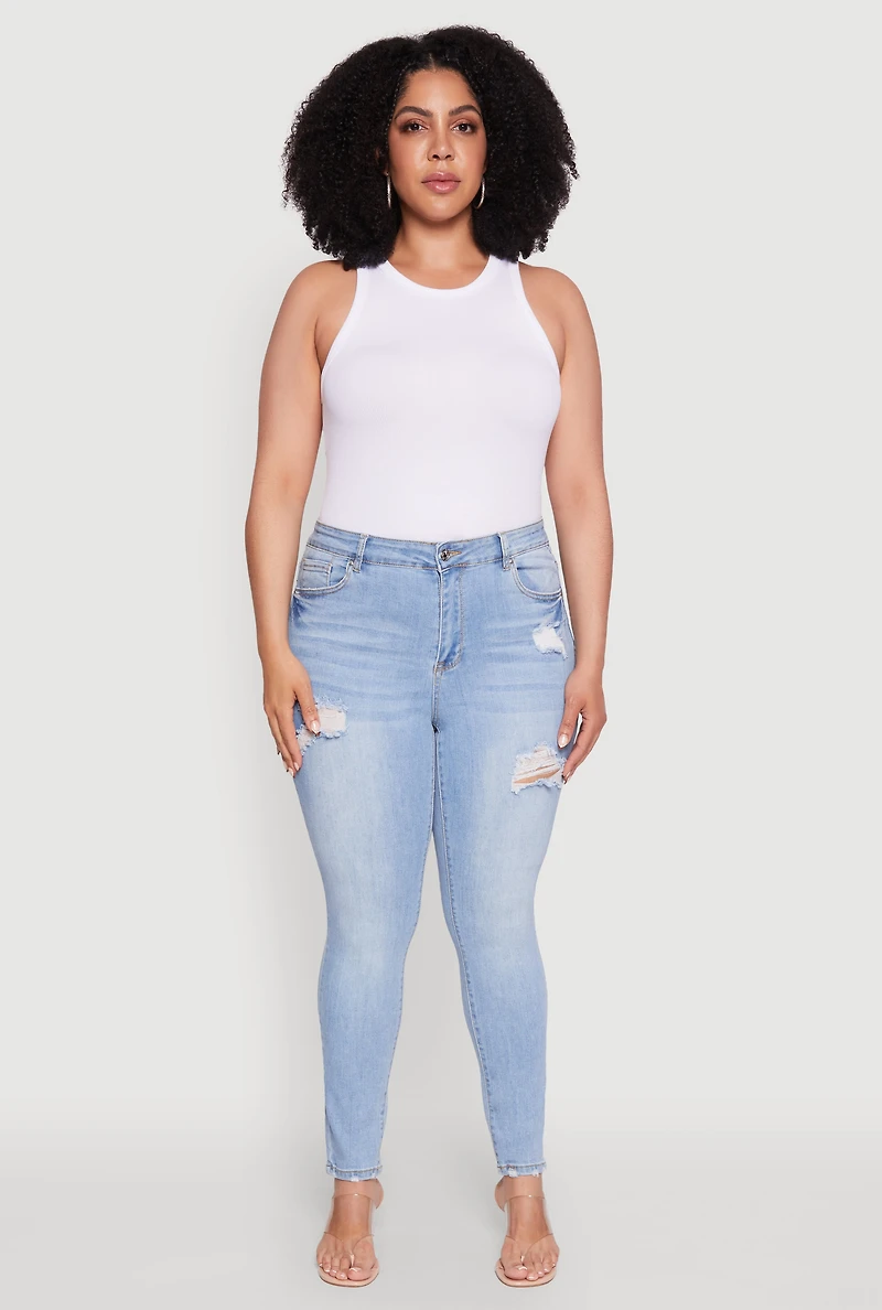 Womens Plus Size WAX Distressed High Rise Skinny Jeans, Blue, Size 3X