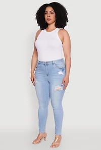 Womens Plus Size WAX Distressed High Rise Skinny Jeans, Blue, Size 3X