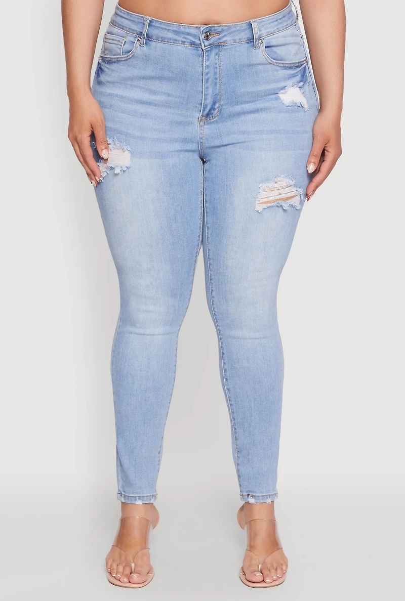 Womens Plus Size WAX Distressed High Rise Skinny Jeans, Blue, Size 3X