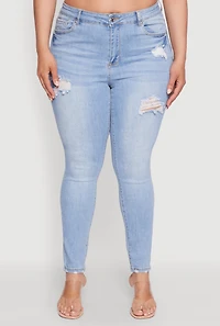 Womens Plus Size WAX Distressed High Rise Skinny Jeans, Blue, Size 1X