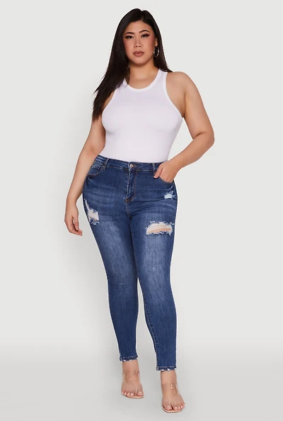 Womens Plus Size WAX Distressed High Rise Skinny Jeans, Blue, Size 1X