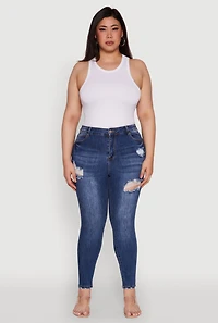 Womens Plus Size WAX Distressed High Rise Skinny Jeans, Blue, Size 1X