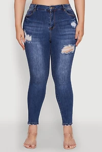 Womens Plus Size WAX Distressed High Rise Skinny Jeans, Blue, Size 1X