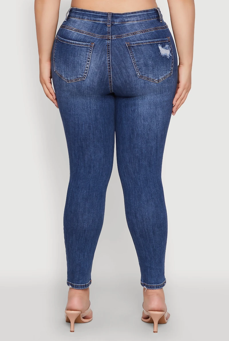 Womens Plus WAX Distressed High Rise Skinny Jeans, Blue,