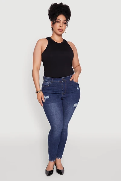 Womens Plus WAX Distressed High Rise Skinny Jeans, Blue,