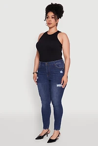 Womens Plus WAX Distressed High Rise Skinny Jeans, Blue,