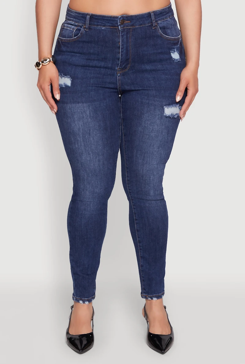 Womens Plus WAX Distressed High Rise Skinny Jeans, Blue,