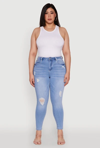 Womens Plus WAX Distressed Stretch Skinny Jeans, Blue,