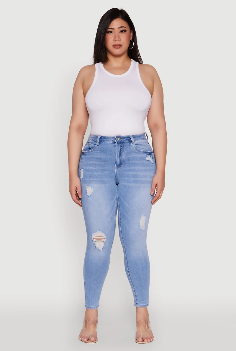 Womens Plus WAX Distressed Stretch Skinny Jeans, Blue,