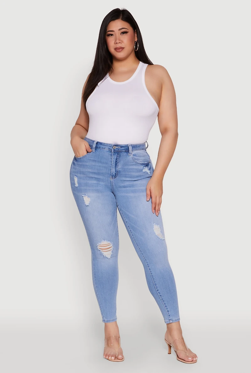 Womens Plus WAX Distressed Stretch Skinny Jeans, Blue,