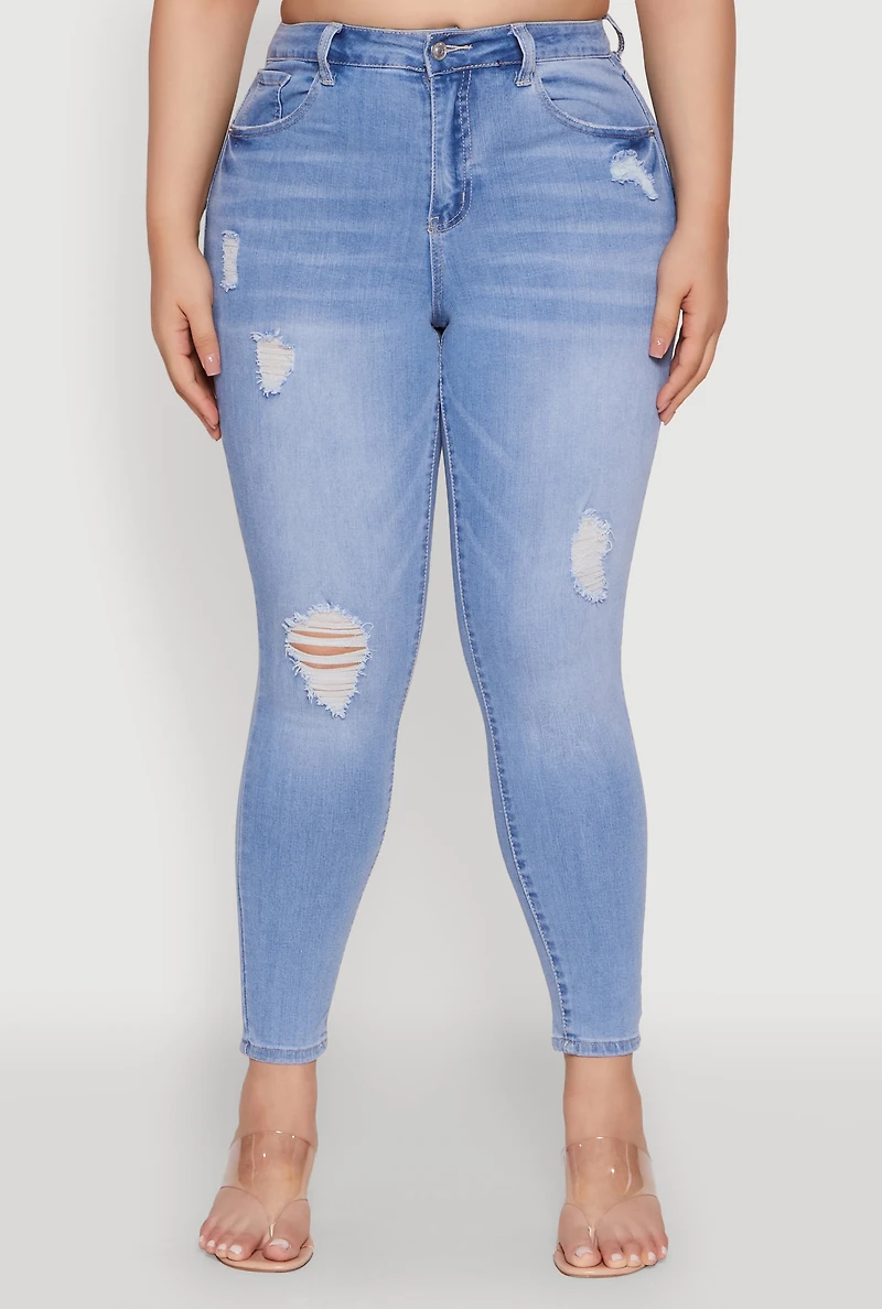 Womens Plus WAX Distressed Stretch Skinny Jeans, Blue,