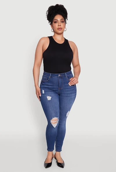Womens Plus WAX Distressed Stretch Skinny Jeans, Blue,