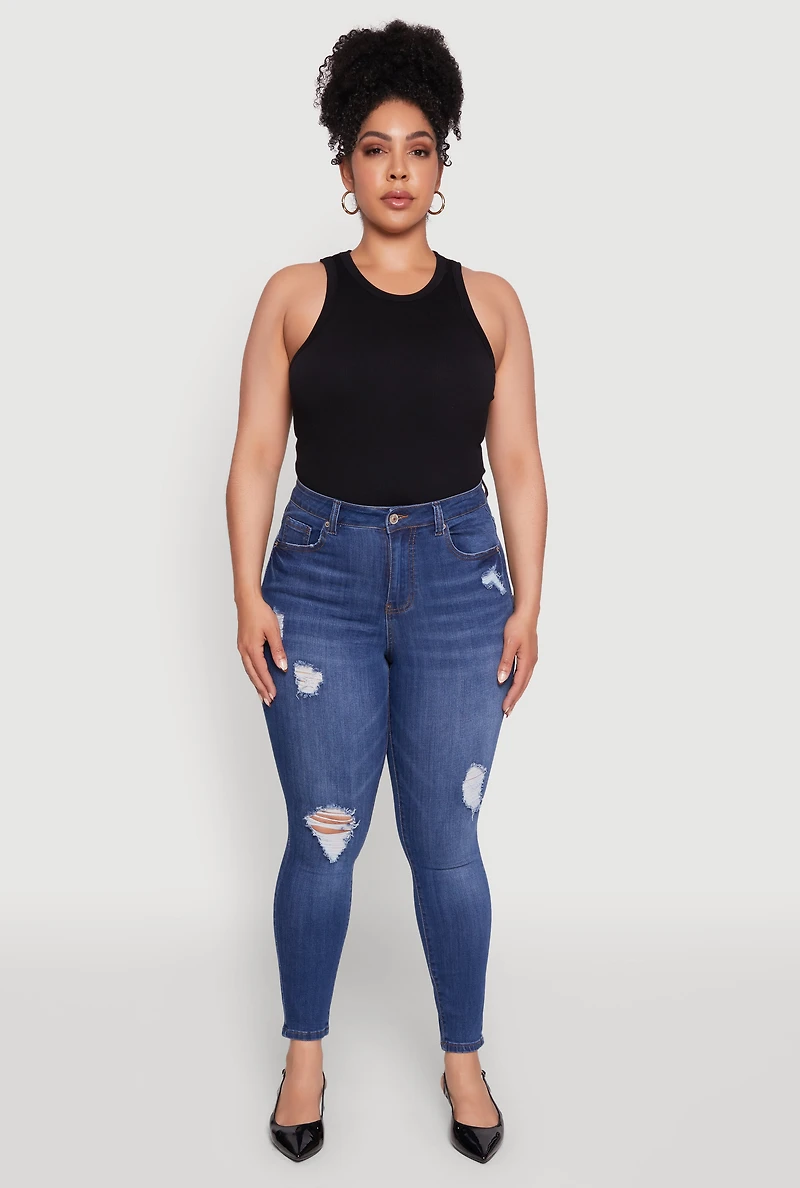 Womens Plus Size WAX Distressed Stretch Skinny Jeans, Blue, Size 20