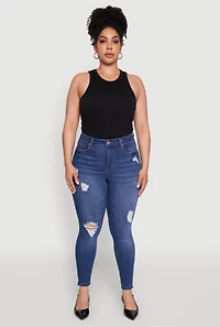 Womens Plus Size WAX Distressed Stretch Skinny Jeans, Blue, Size 20