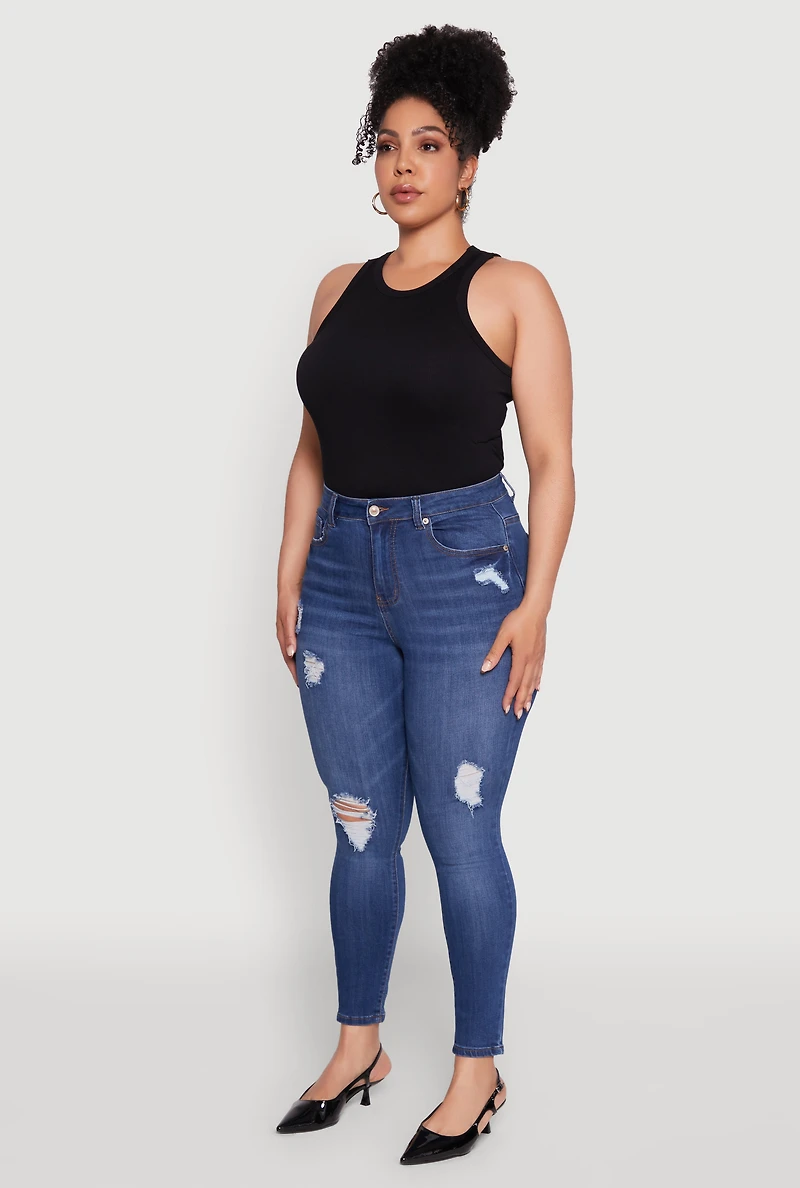 Womens Plus Size WAX Distressed Stretch Skinny Jeans, Blue, Size 20