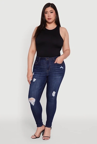 Womens Plus WAX Distressed Stretch Skinny Jeans, Blue,