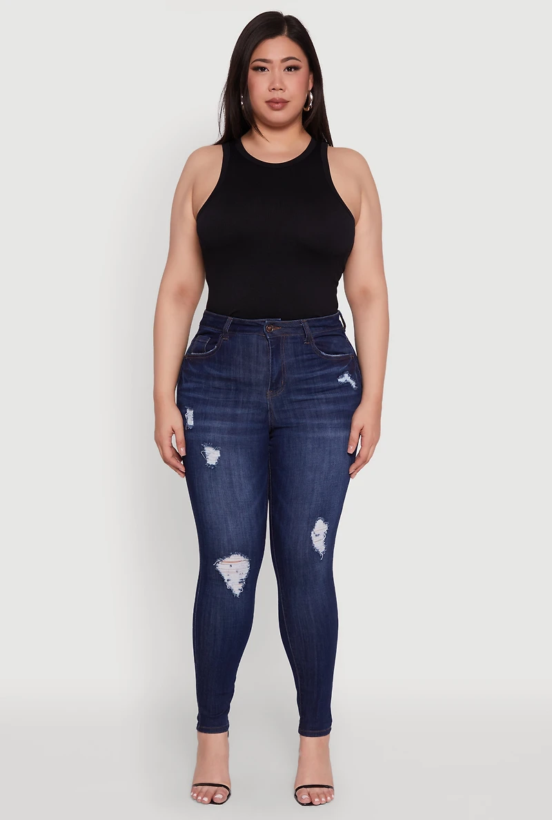Womens Plus Size WAX Distressed Stretch Skinny Jeans, Blue, Size 14