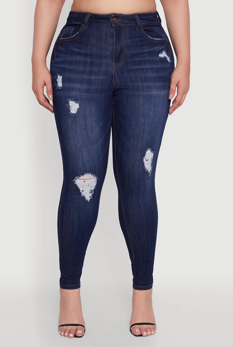 Womens Plus Size WAX Distressed Stretch Skinny Jeans, Blue, Size 14