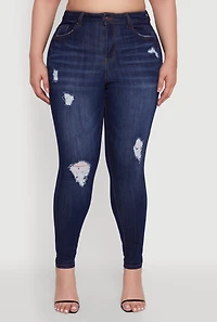 Womens Plus Size WAX Distressed Stretch Skinny Jeans, Blue, Size 14