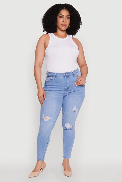 Womens Plus WAX High Waisted Distressed Skinny Jeans, Blue,