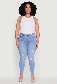 Womens Plus WAX High Waisted Distressed Skinny Jeans, Blue,