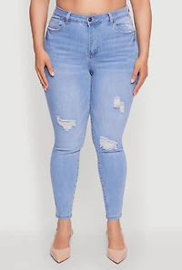 Womens Plus WAX High Waisted Distressed Skinny Jeans, Blue,