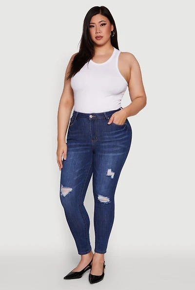 Womens Plus WAX High Waisted Distressed Skinny Jeans, Blue,