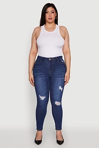 Womens Plus WAX High Waisted Distressed Skinny Jeans, Blue, Size 16