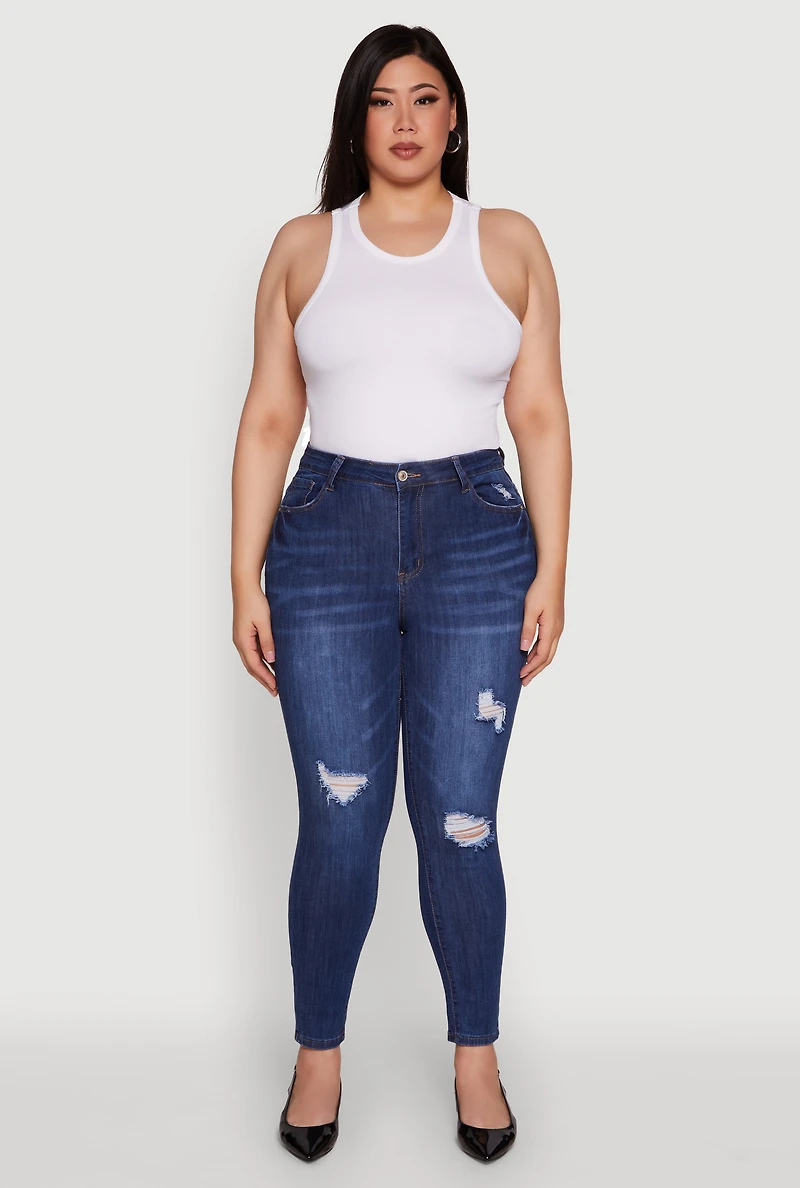 Womens Plus WAX High Waisted Distressed Skinny Jeans, Blue, Size 20