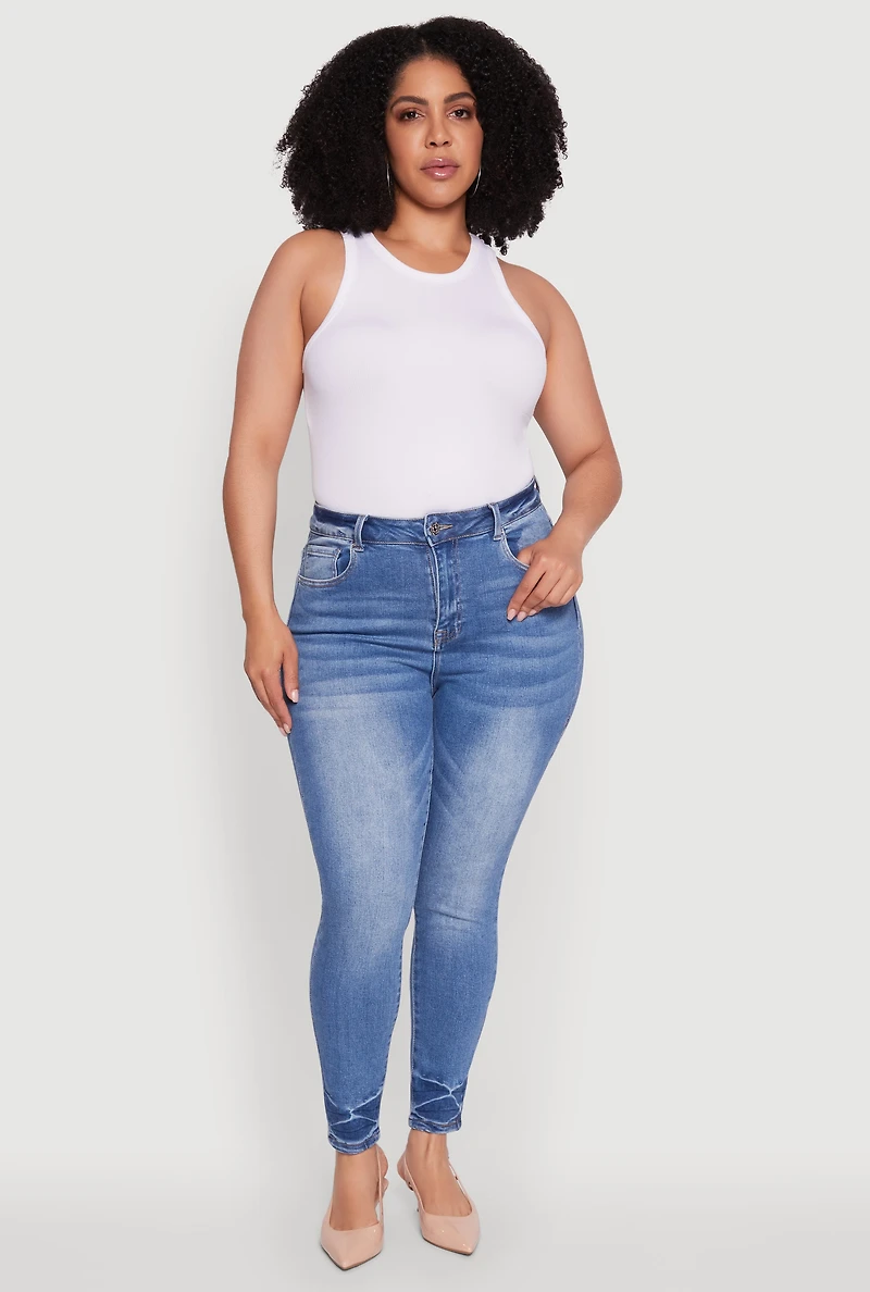 Womens Plus Size WAX Stylish High Waisted Crinkle Hem Skinny Jeans, Blue, Size 16