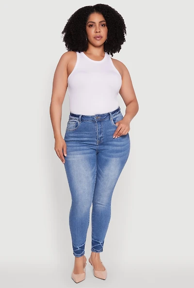 Womens Plus Size WAX Stylish High Waisted Crinkle Hem Skinny Jeans, Blue, Size 14