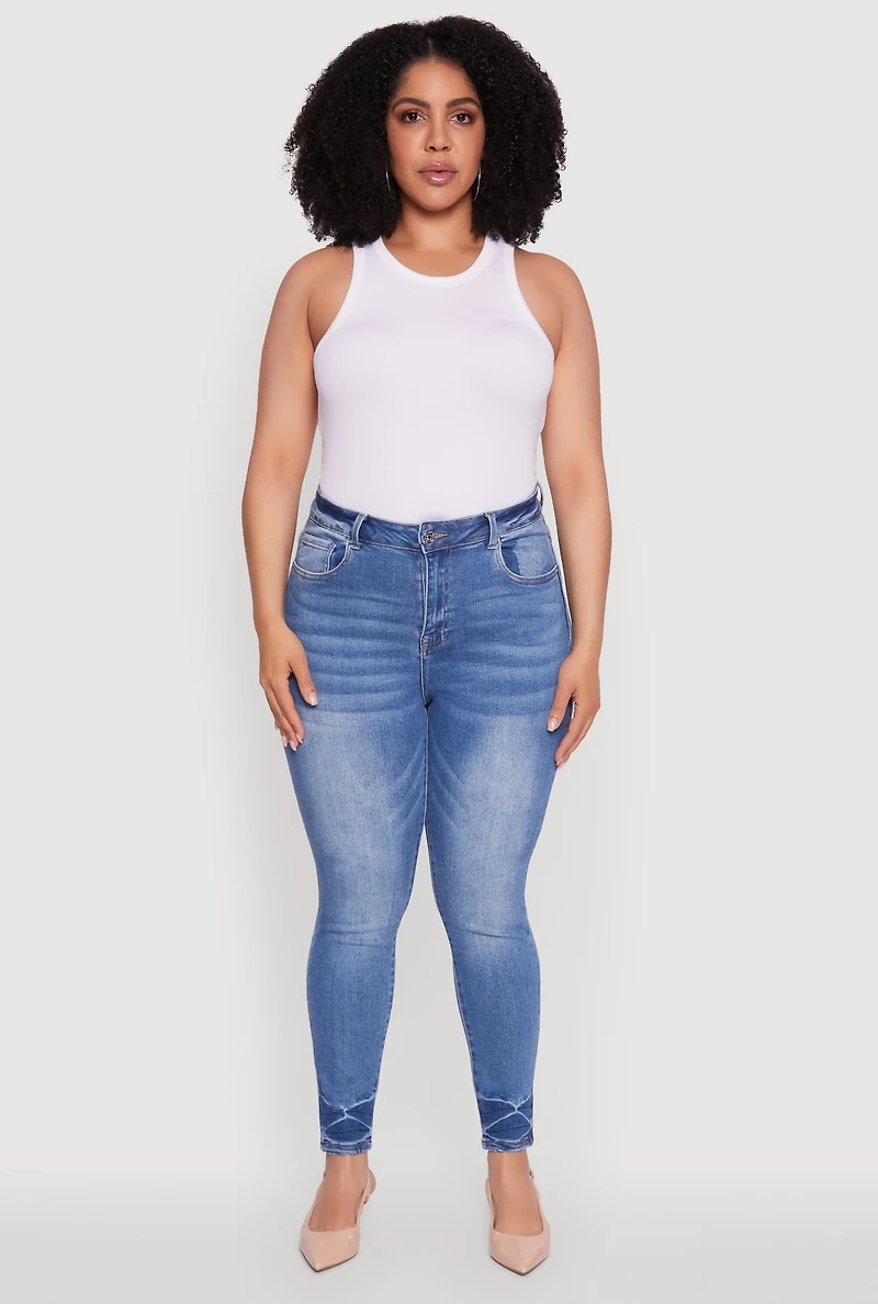 Womens Plus Size WAX Stylish High Waisted Crinkle Hem Skinny Jeans, Blue, Size 16