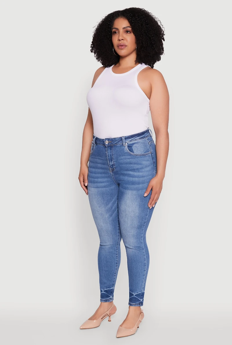 Womens Plus Size WAX Stylish High Waisted Crinkle Hem Skinny Jeans, Blue, Size 16
