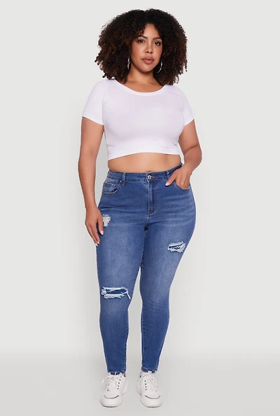 Womens Plus WAX High Waisted Distressed Skinny Jeans, Blue,