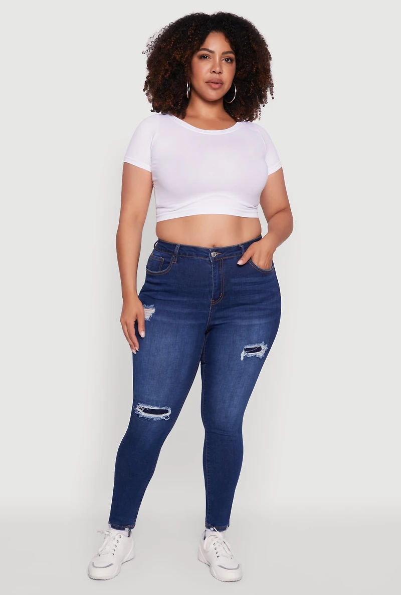 Womens Plus Size WAX High Waisted Distressed Skinny Jeans, Blue, Size 20