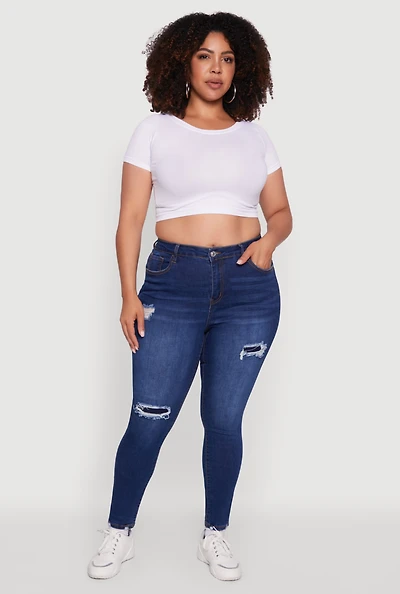 Womens Plus WAX High Waisted Distressed Skinny Jeans, Blue,