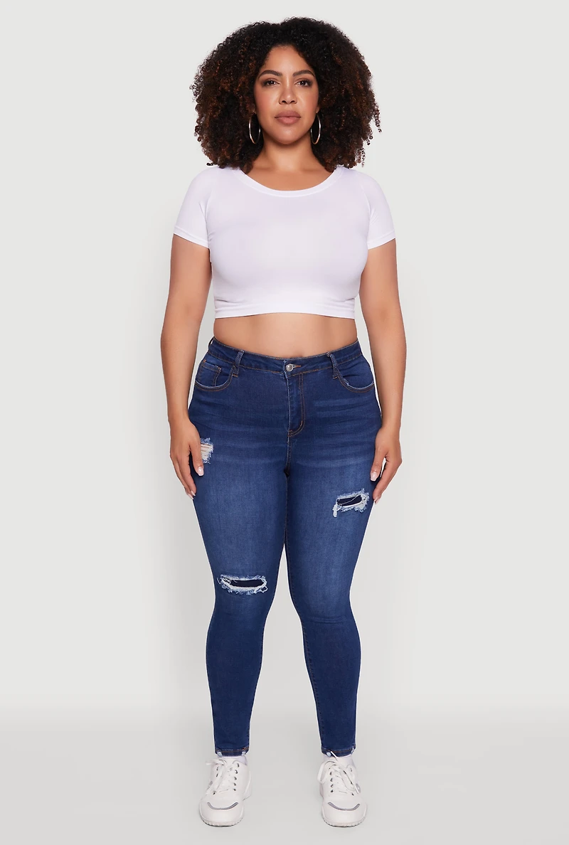 Womens Plus Size WAX High Waisted Distressed Skinny Jeans, Blue, Size 20