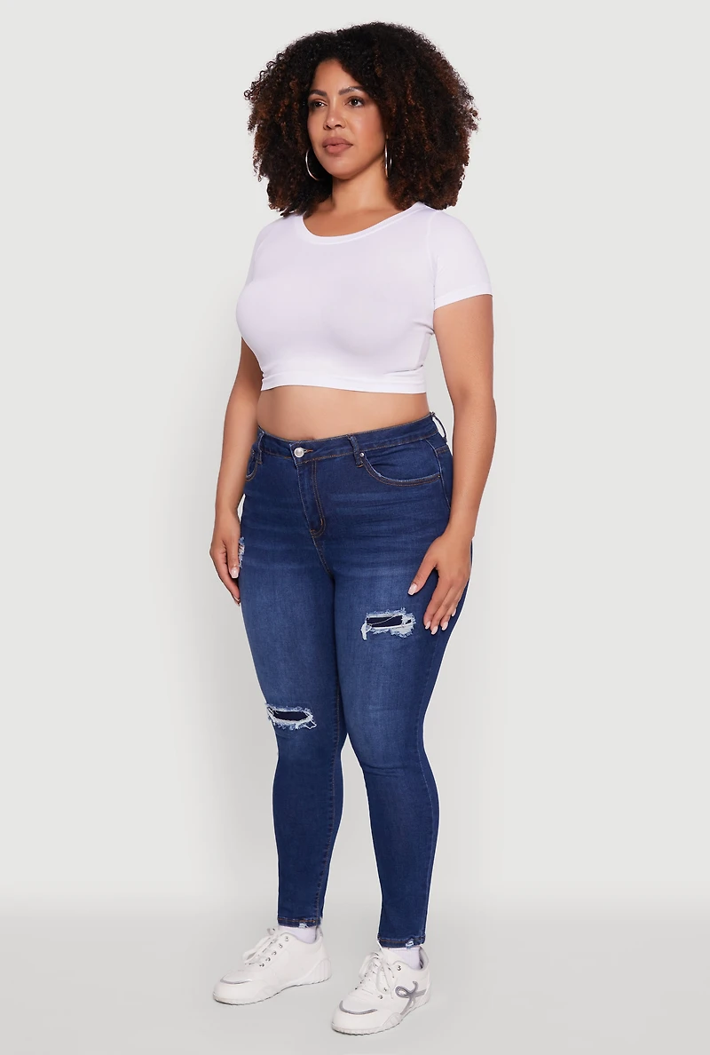 Womens Plus Size WAX High Waisted Distressed Skinny Jeans, Blue, Size 20