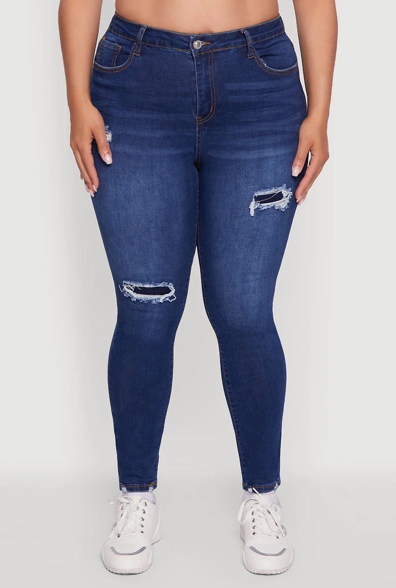 Womens Plus Size WAX High Waisted Distressed Skinny Jeans, Blue, Size 20