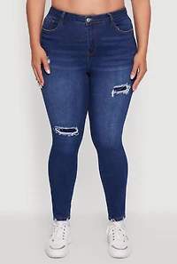 Womens Plus Size WAX High Waisted Distressed Skinny Jeans, Blue, Size 14