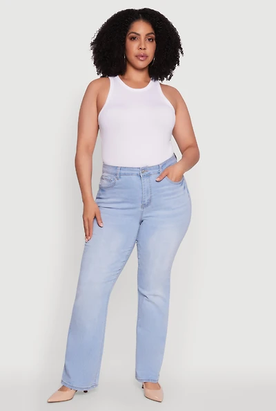 Womens Plus WAX High Waisted Whiskered Slim Flared Leg Jeans, Blue,